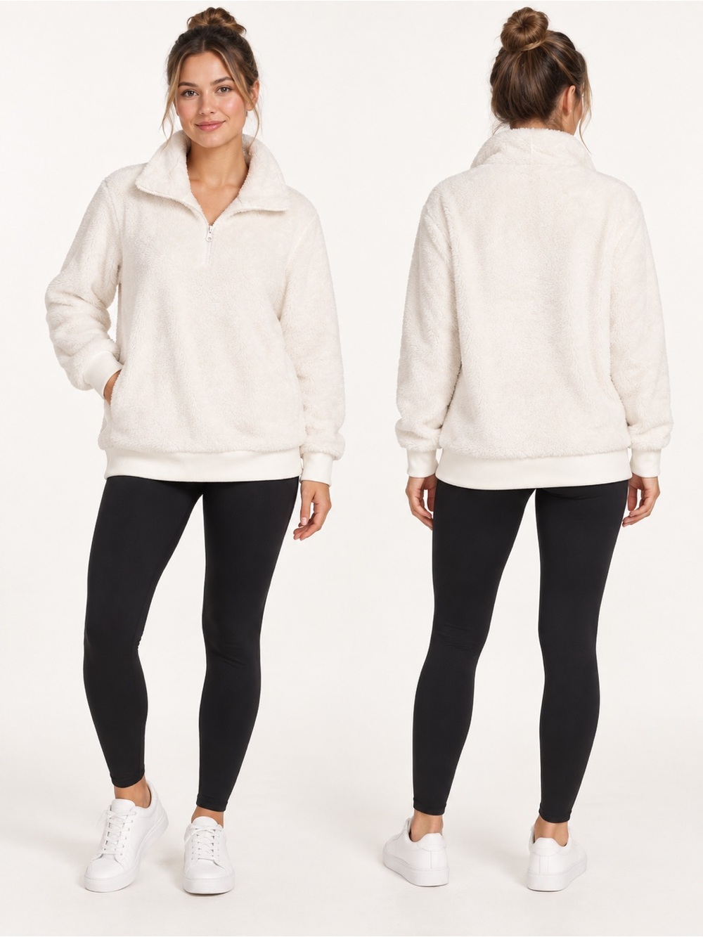 Mondetta Women’s Ivory Plush Sherpa Quarter Zip Pullover Sweater Size M